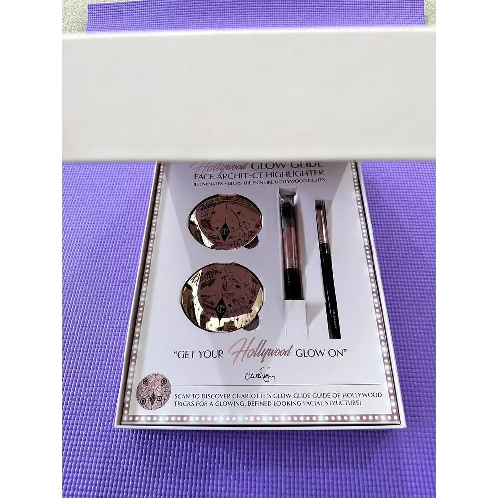 New Charlotte Tilbury Hollywood Glow PR Box 2 highlighters & 2 brushes